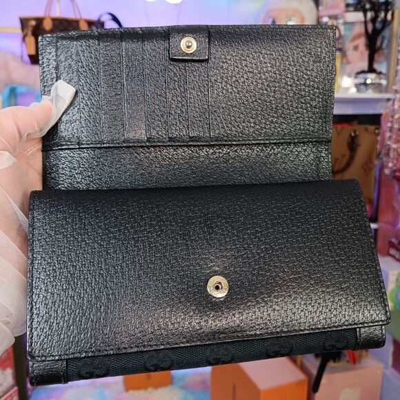 Gucci Vintage Black Monogram Canvas Leather Double Flap Snap Wallet W Box - Picture 8 of 15